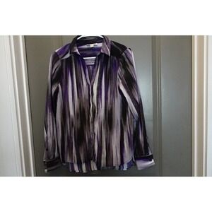 Dana Buchman Striped Button‎ Down Long Sleeve Career Blouse Purple Black Size S